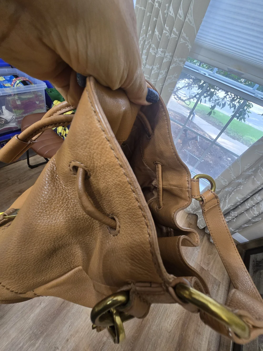 Fossil Cognac Leather Drawstring Hobo Bag with Gold Hardware